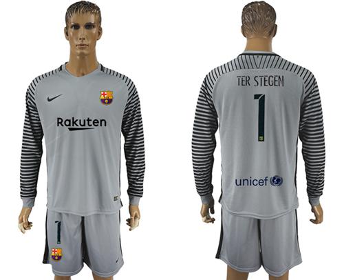 Barcelona #1 Ter Stegen Grey Goalkeeper Long Sleeves Soccer Club Jersey - Click Image to Close